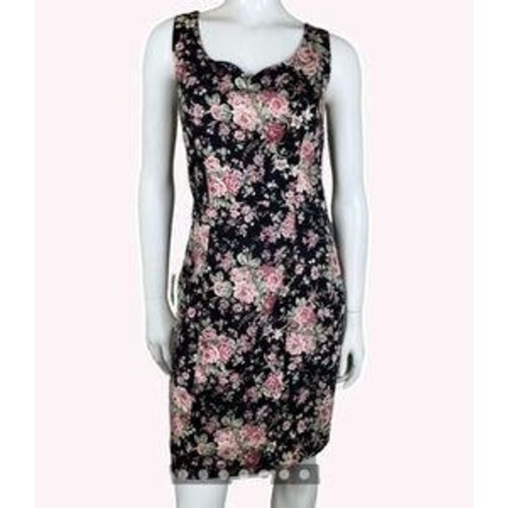 Vintage‎ Laura Ashley Sleeveless Floral Mini Dress Sweetheart Neck Black Pink 8